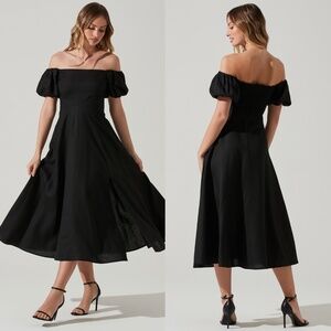 NEW ASTR Black LINEN Off Shoulder PUFF SLEEVE Smocked Back SLIT Midi DRESS